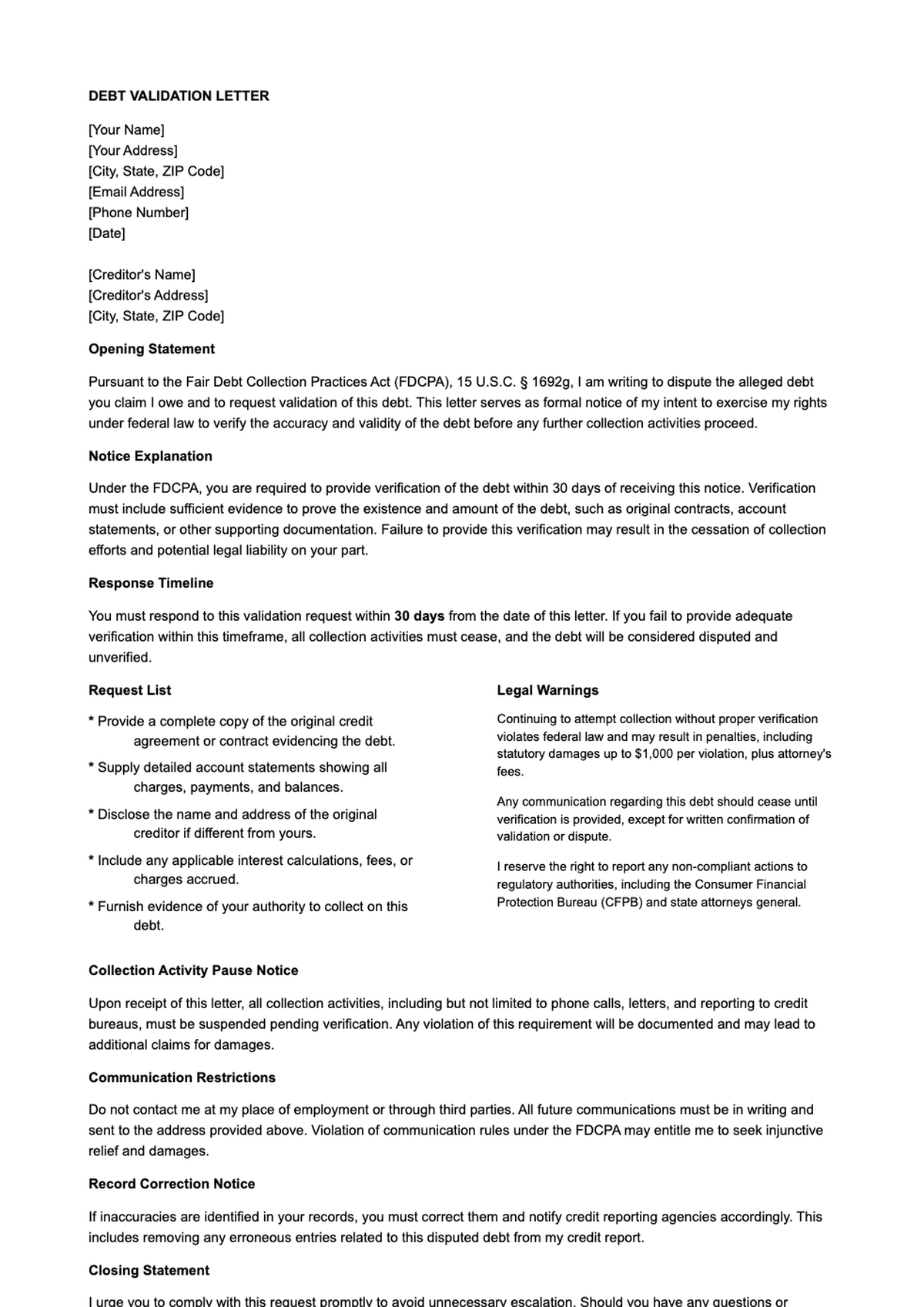 Sample debt validation letter under FDCPA with legal verification requests and signature lines_variant_3